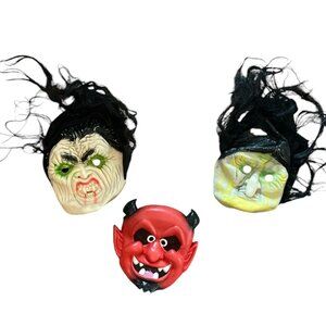 Vintage Halloween Devil & Witch Masks Set Of 3 Scary Party Costume Props Retro S